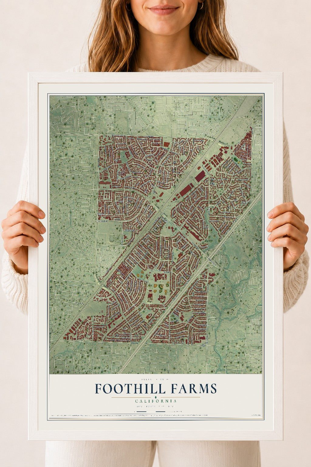 Map of Foothill Farms, California, 18 x 24 inch print in a white wood frame