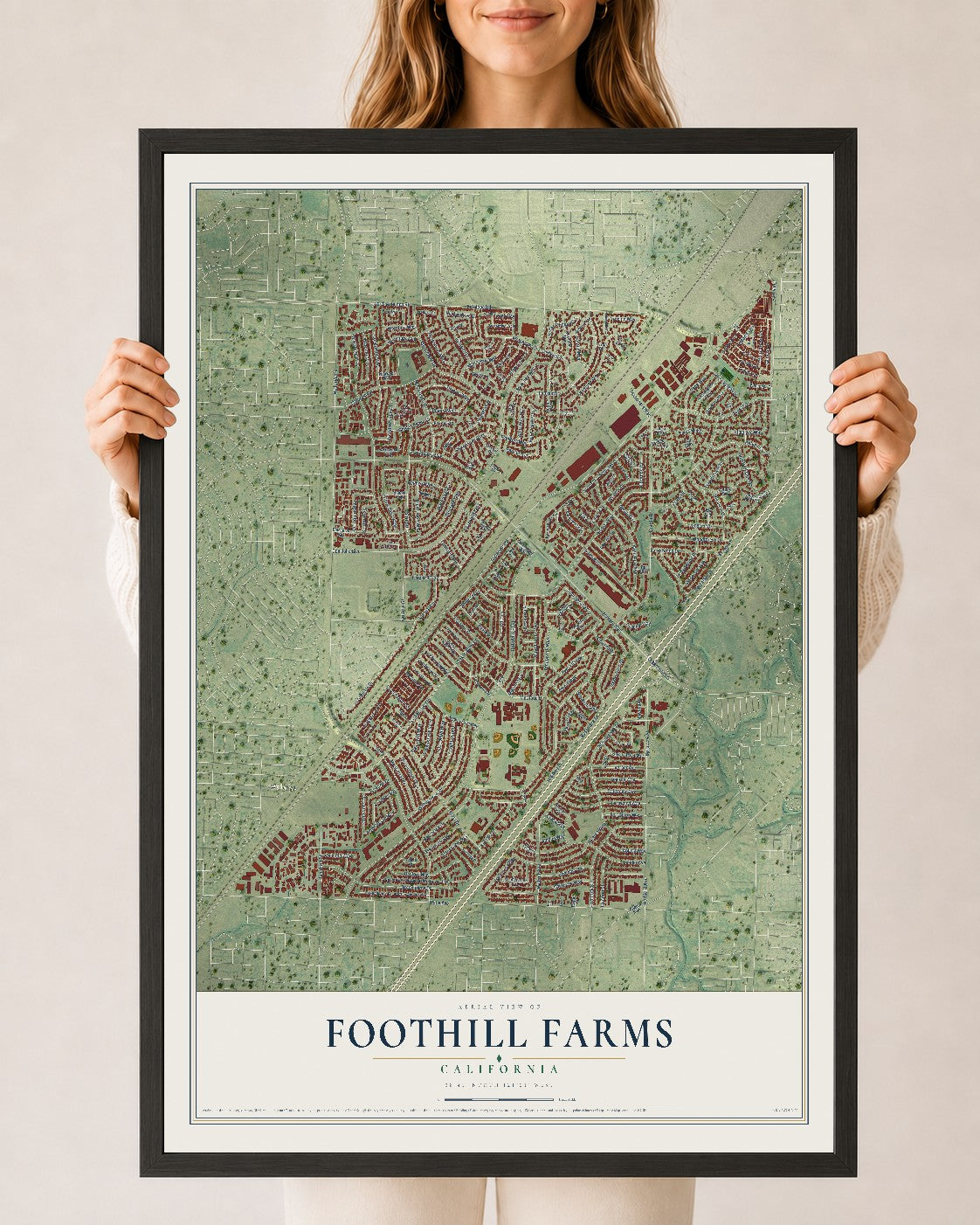 Map of Foothill Farms, California, 24 x 36 inch print in a black wood frame