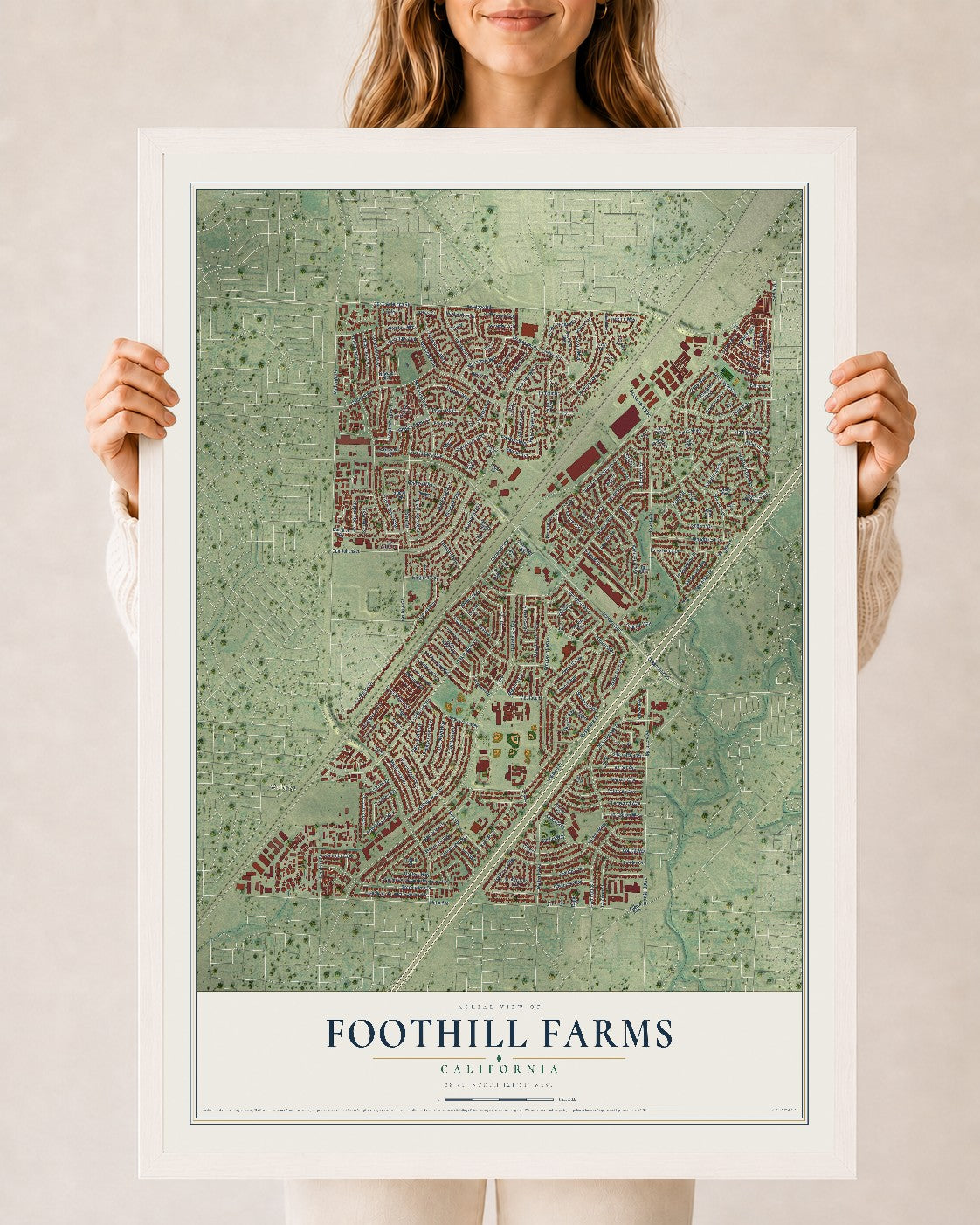 Map of Foothill Farms, California, 24 x 36 inch print in a white wood frame