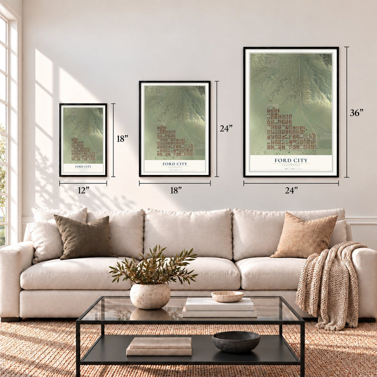 Ford City, California map in 12 x 18, 18 x 24 and 24 x 36 inch sizes above a sofa