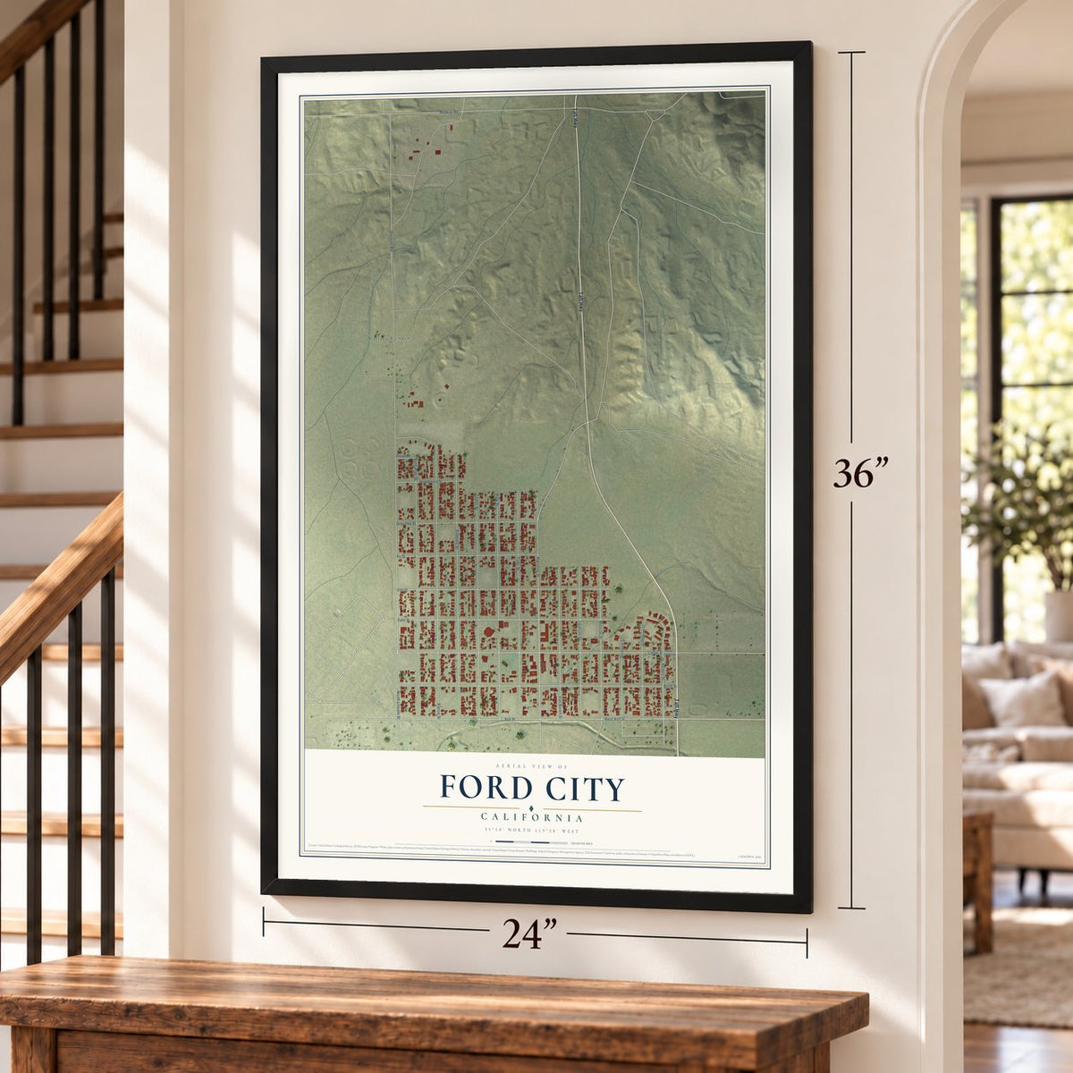 Ford City, California map, 24 x 36 inch print in a black frame by a staircase