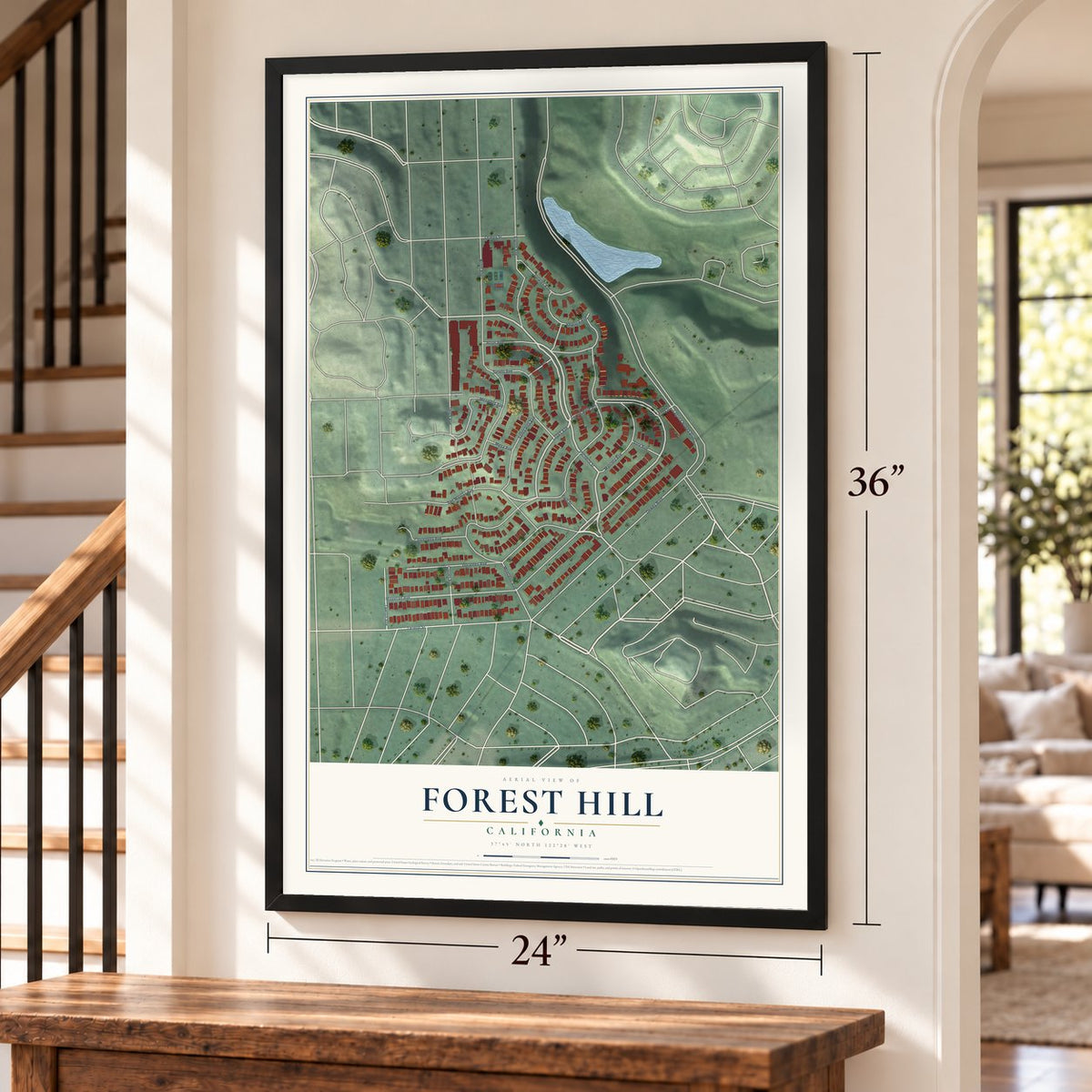 Forest Hill, California map, 24 x 36 inch print in a black frame by a staircase