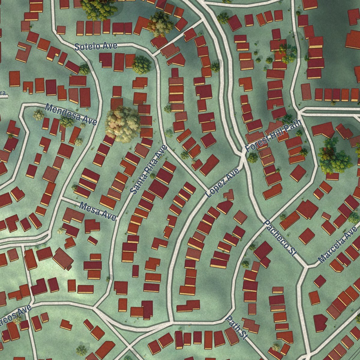 Close-up of the map of Forest Hill, California print showing street and building detail