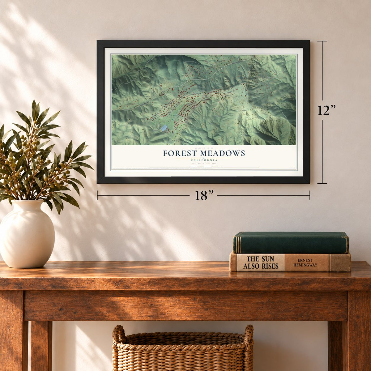 Forest Meadows, California map, 12 x 18 inch print in a black frame in an entryway