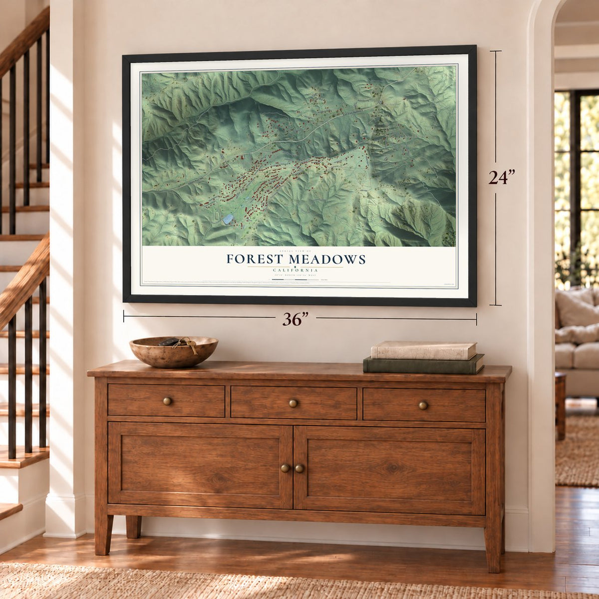 Forest Meadows, California map, 24 x 36 inch print in a black frame above a dresser by a staircase