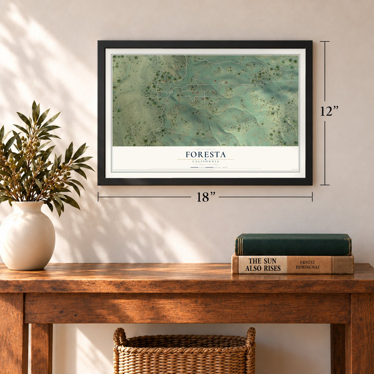 Foresta, California map, 12 x 18 inch print in a black frame in an entryway