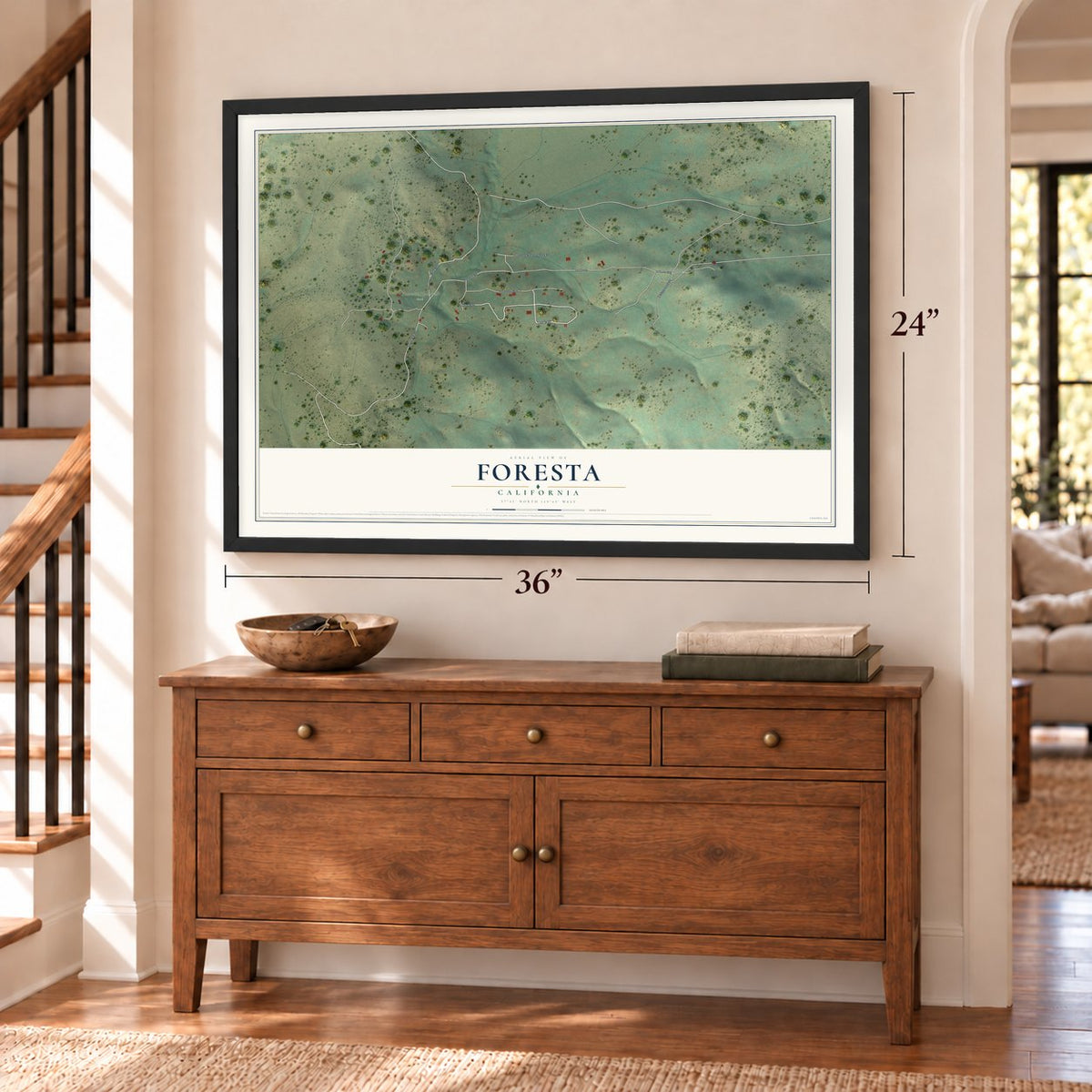 Foresta, California map, 24 x 36 inch print in a black frame above a dresser by a staircase