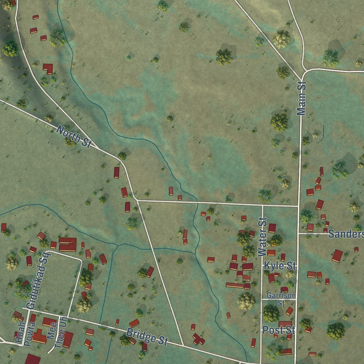 Close-up of the map of Fort Bidwell, California print showing street and building detail