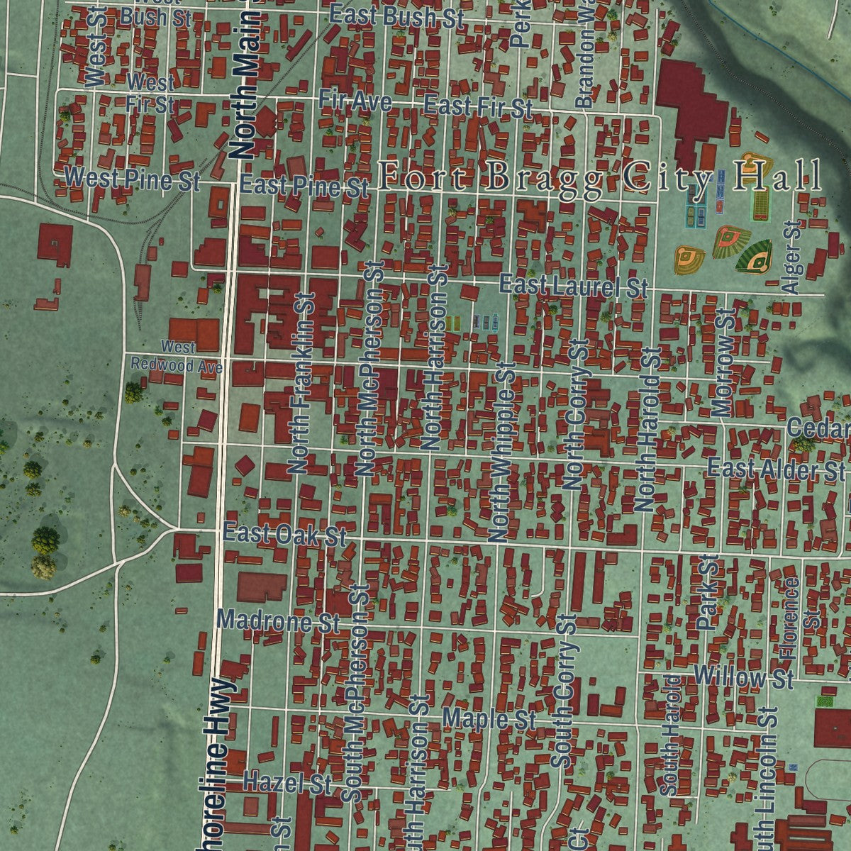 Close-up of the map of Fort Bragg, California print showing street and building detail