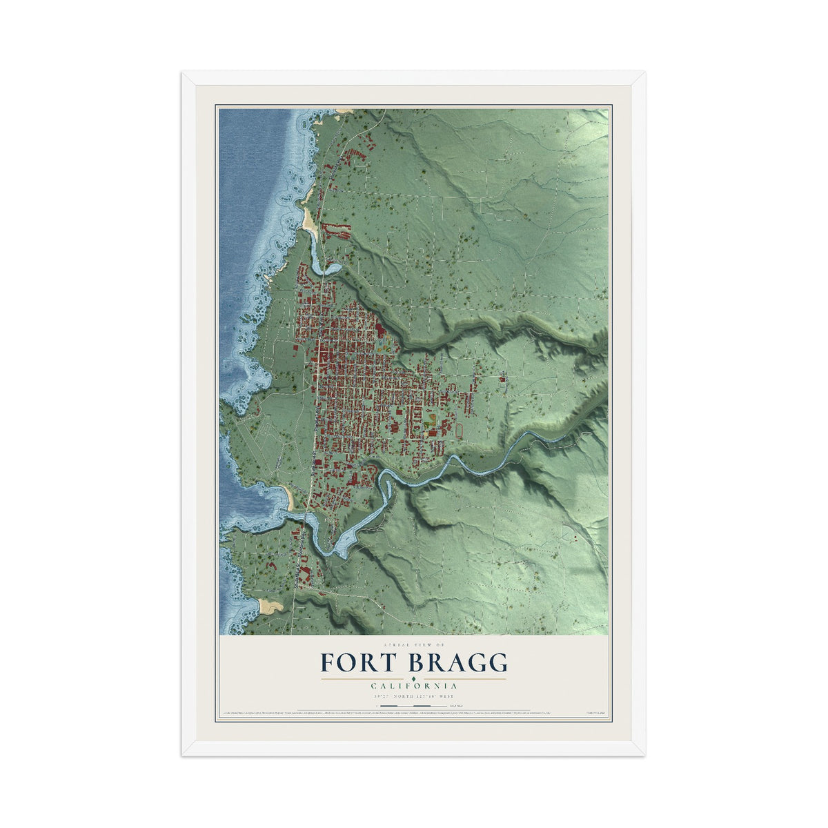 Map of Fort Bragg, California, 12 x 18 inch print in a white wood frame