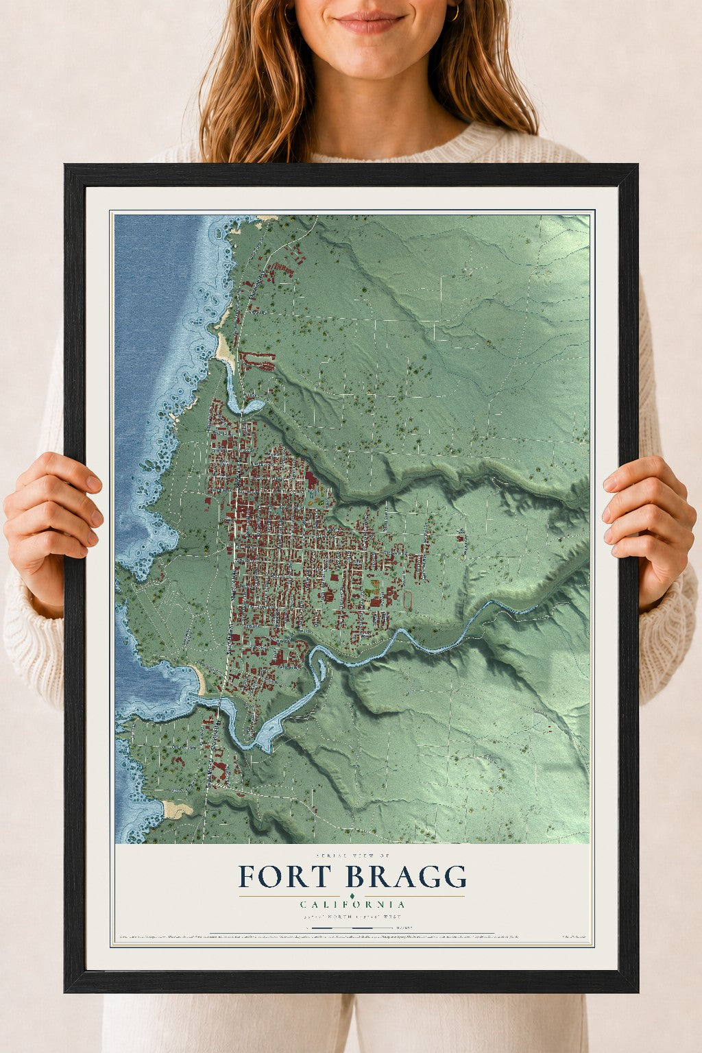 Map of Fort Bragg, California, 18 x 24 inch print in a black wood frame