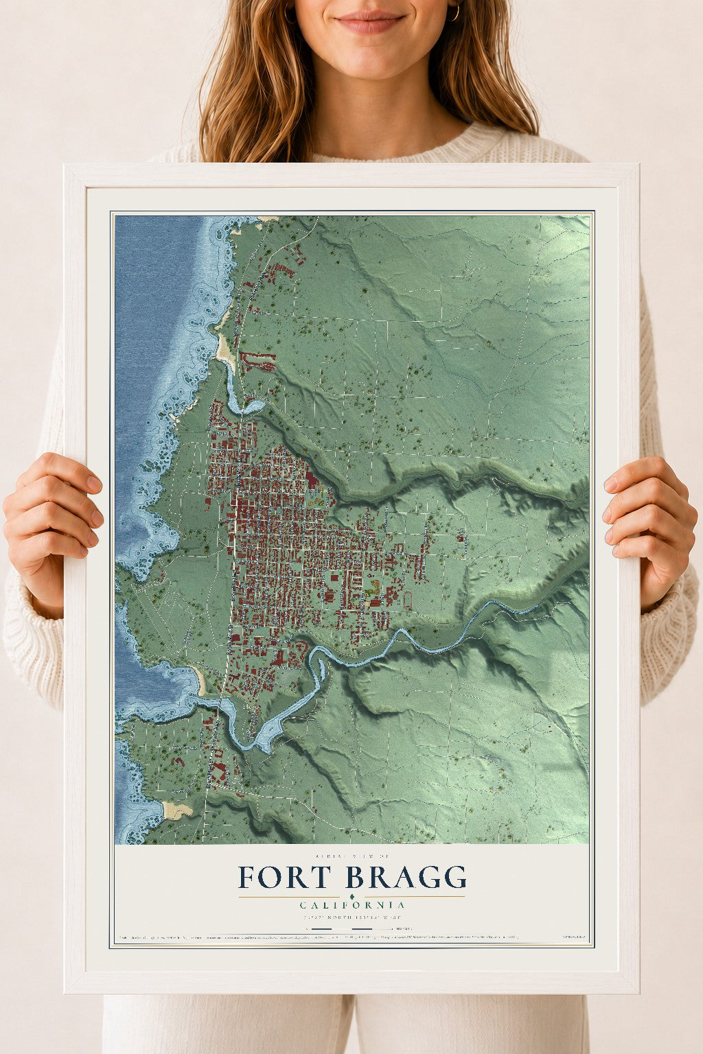 Map of Fort Bragg, California, 18 x 24 inch print in a white wood frame
