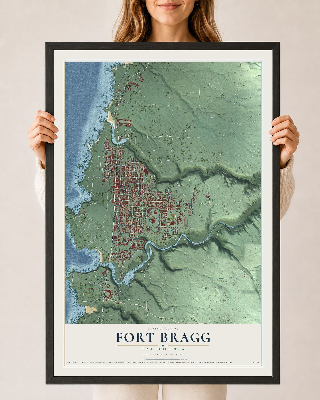 Map of Fort Bragg, California, 24 x 36 inch print in a black wood frame