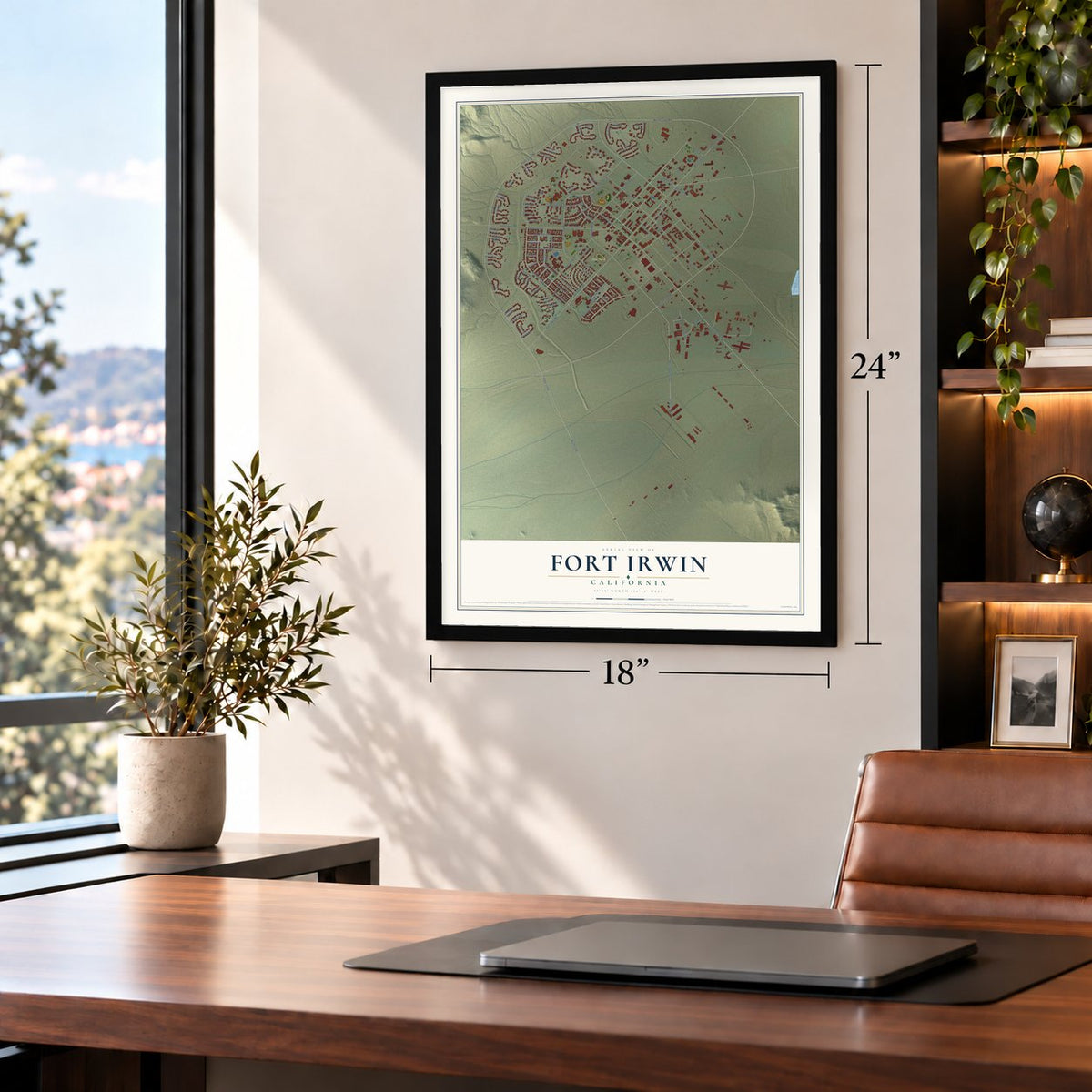 Fort Irwin, California map, 18 x 24 inch print in a black frame in a home office