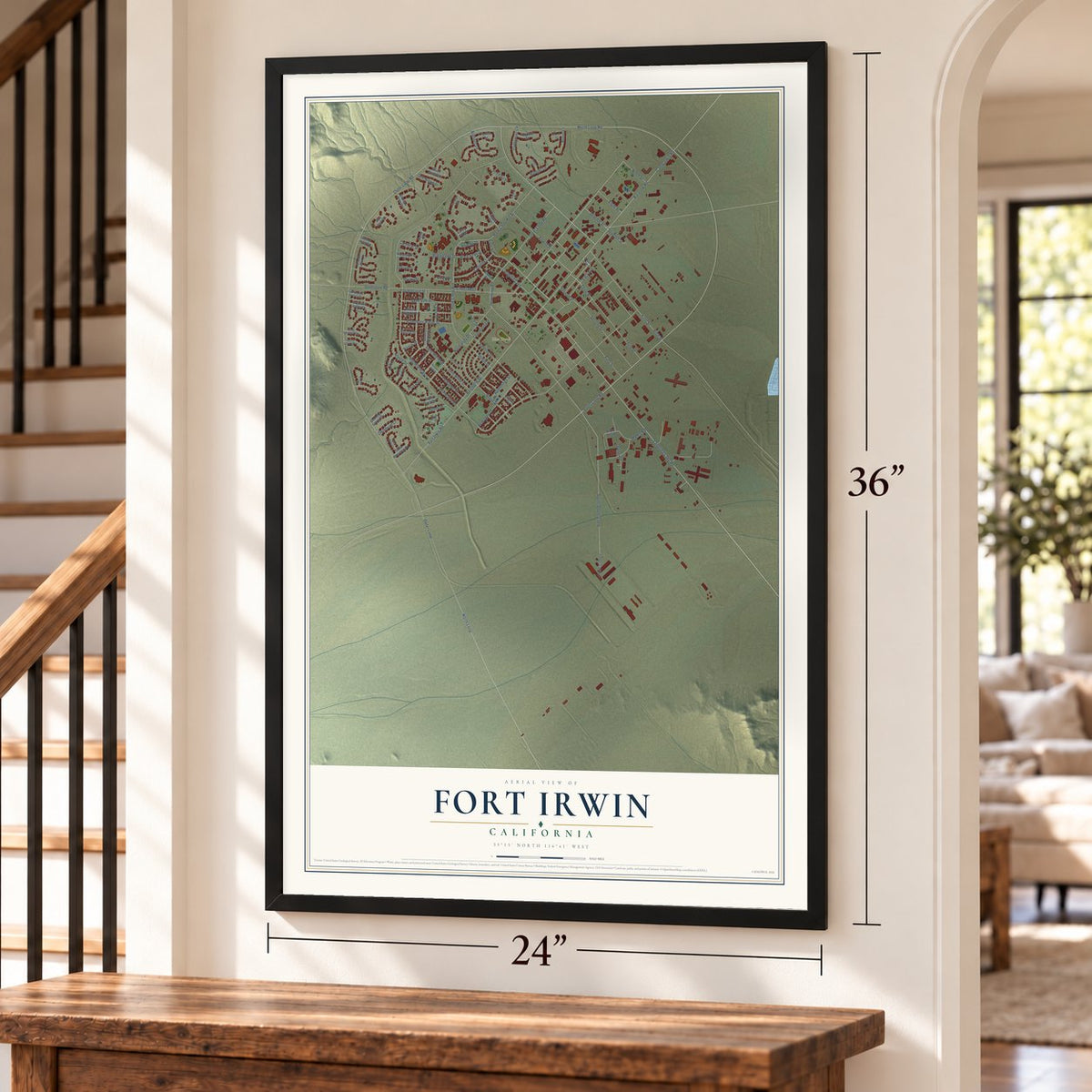 Fort Irwin, California map, 24 x 36 inch print in a black frame by a staircase