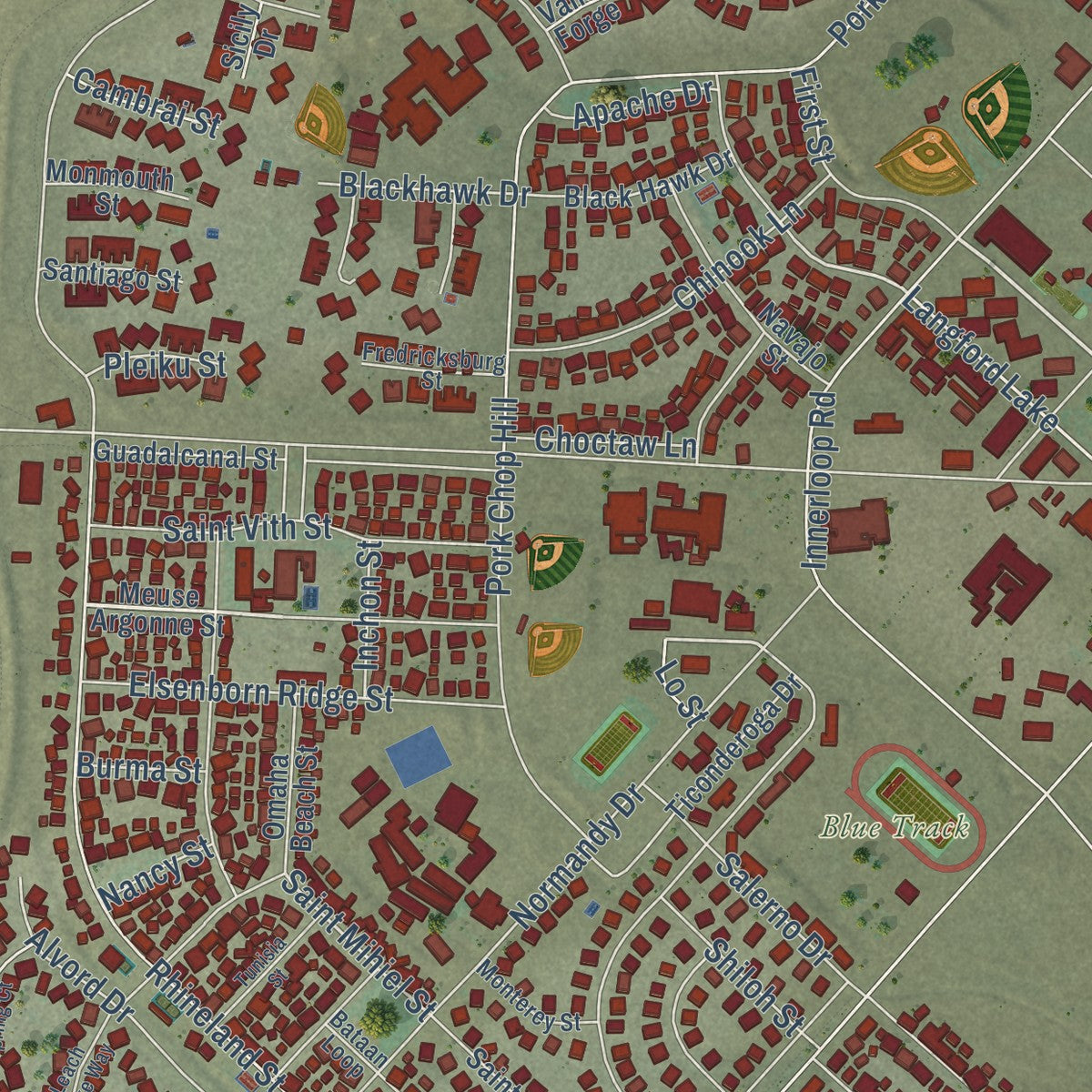 Close-up of the map of Fort Irwin, California print showing street and building detail