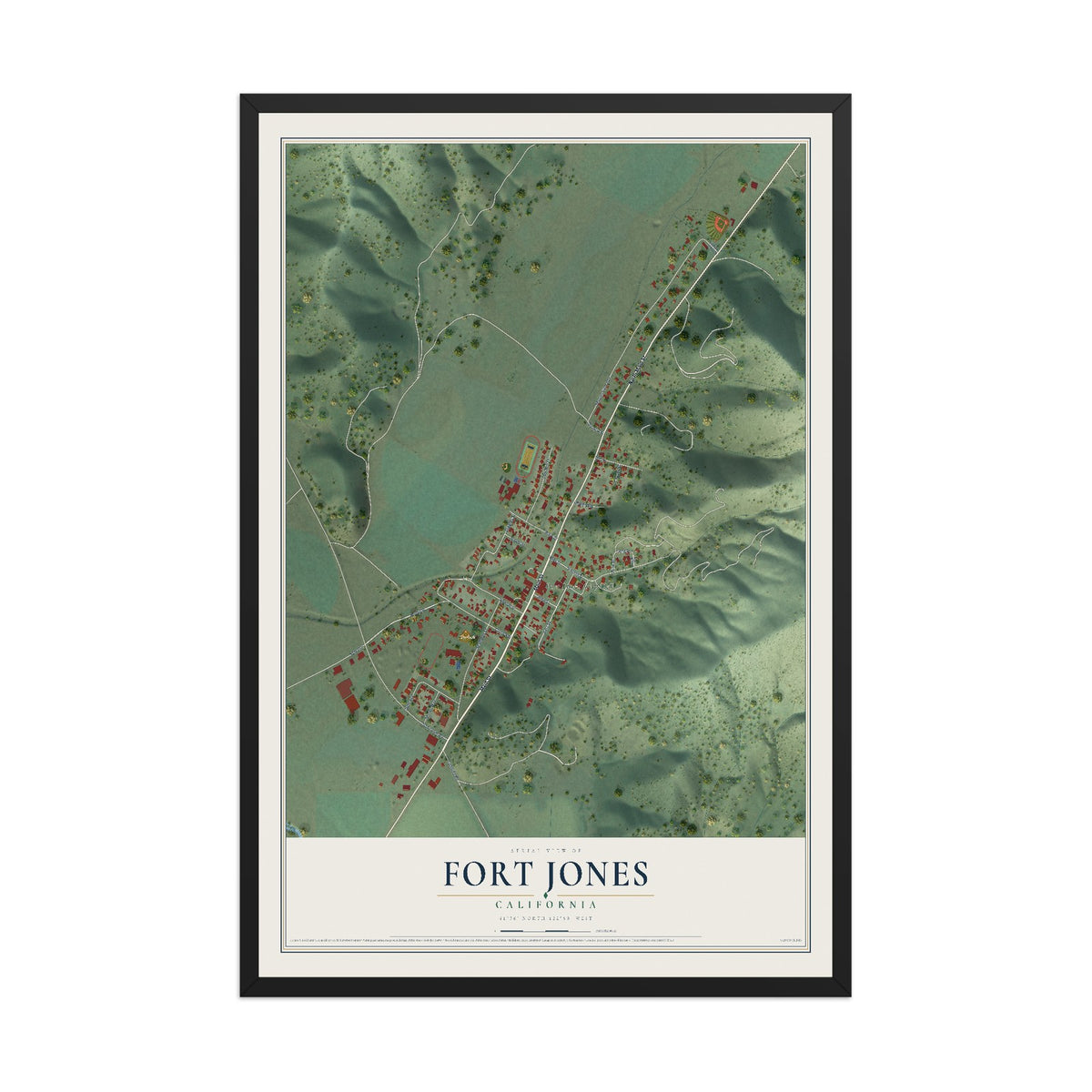 Map of Fort Jones, California, 12 x 18 inch print in a black wood frame