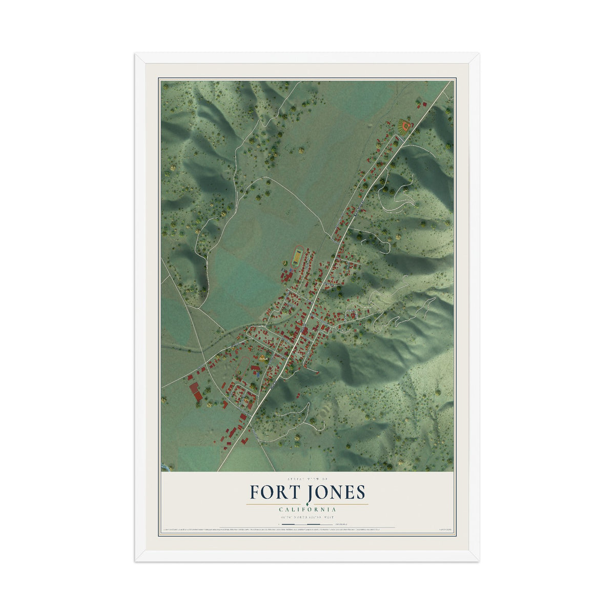 Map of Fort Jones, California, 12 x 18 inch print in a white wood frame