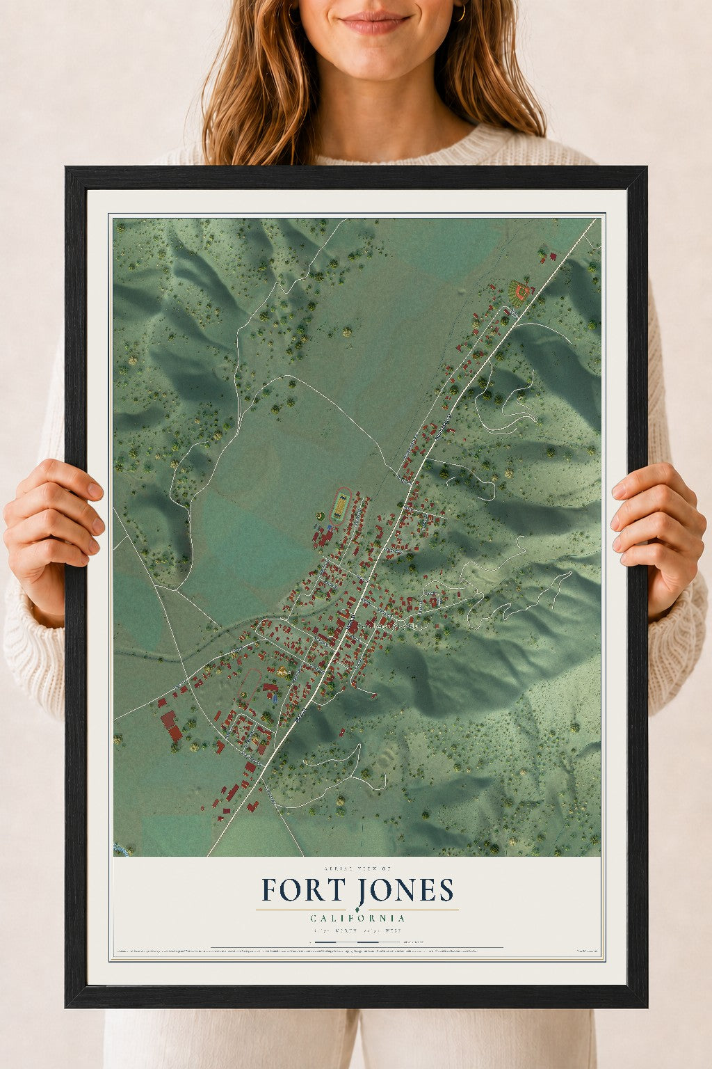 Map of Fort Jones, California, 18 x 24 inch print in a black wood frame