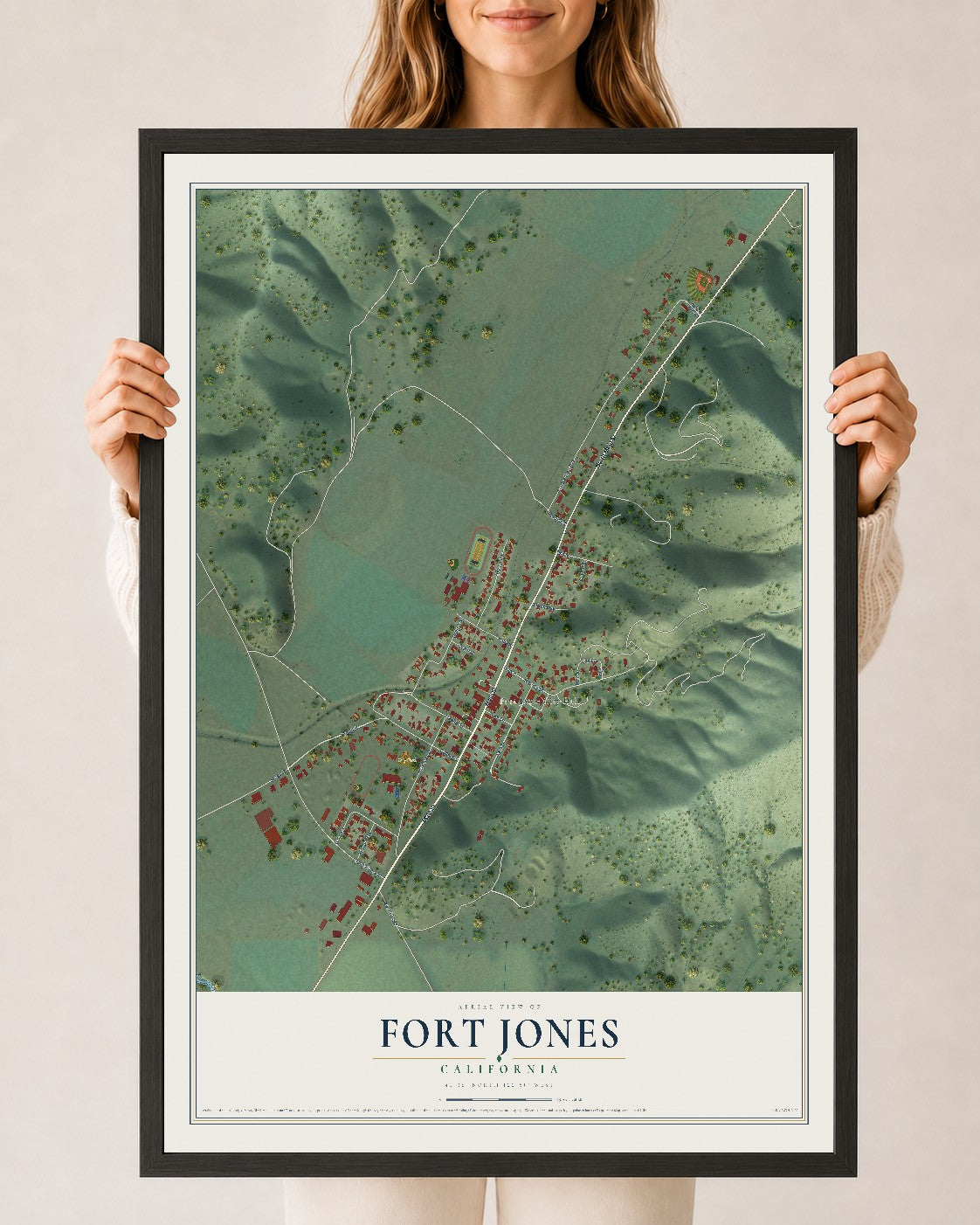Map of Fort Jones, California, 24 x 36 inch print in a black wood frame