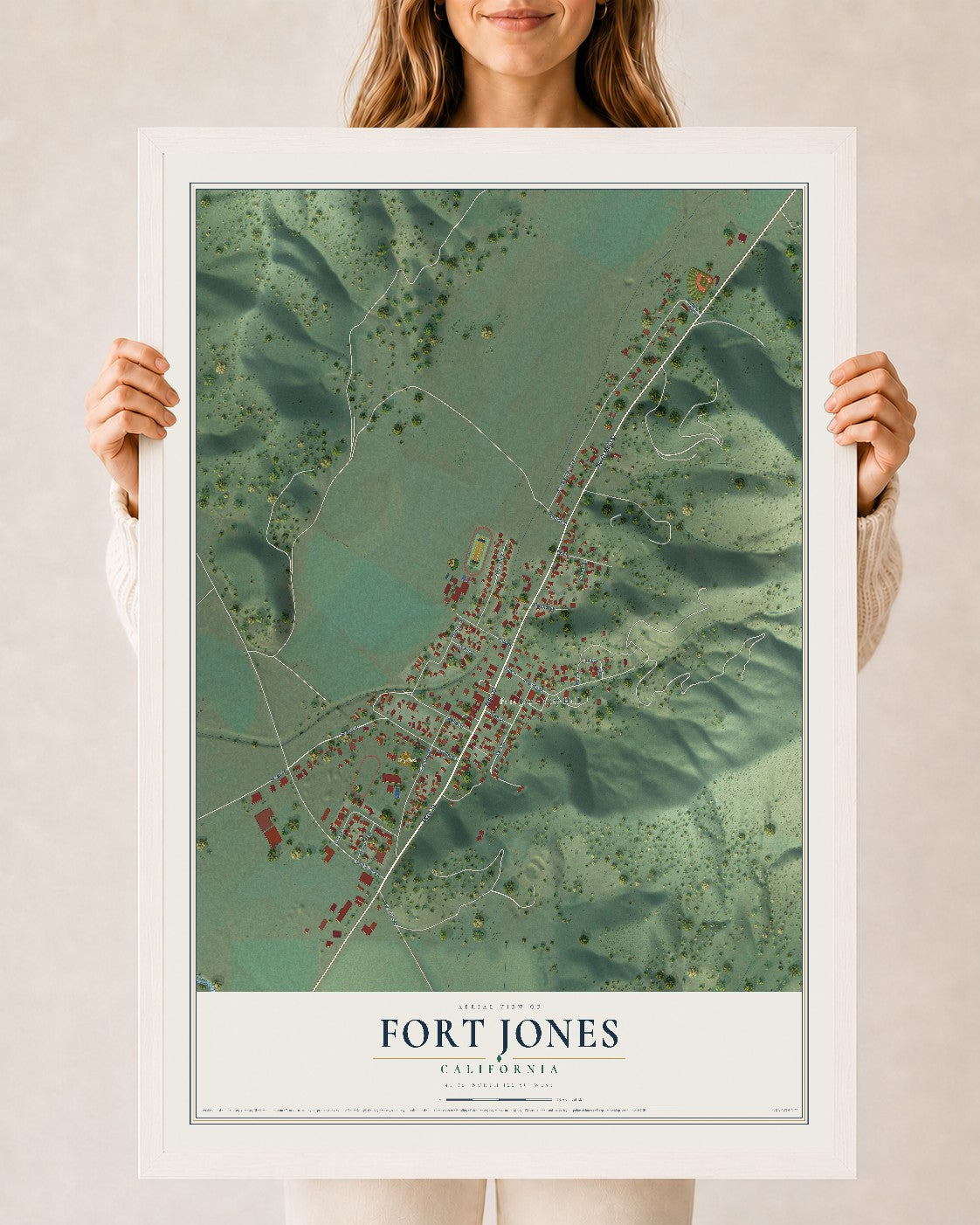 Map of Fort Jones, California, 24 x 36 inch print in a white wood frame
