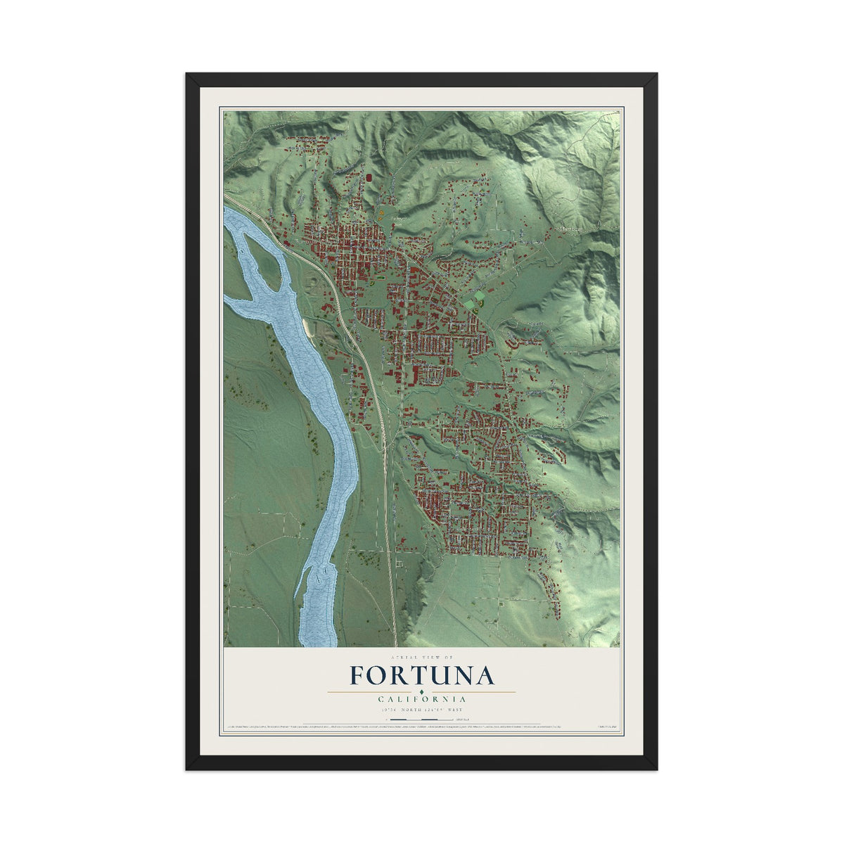 Map of Fortuna, California, 12 x 18 inch print in a black wood frame