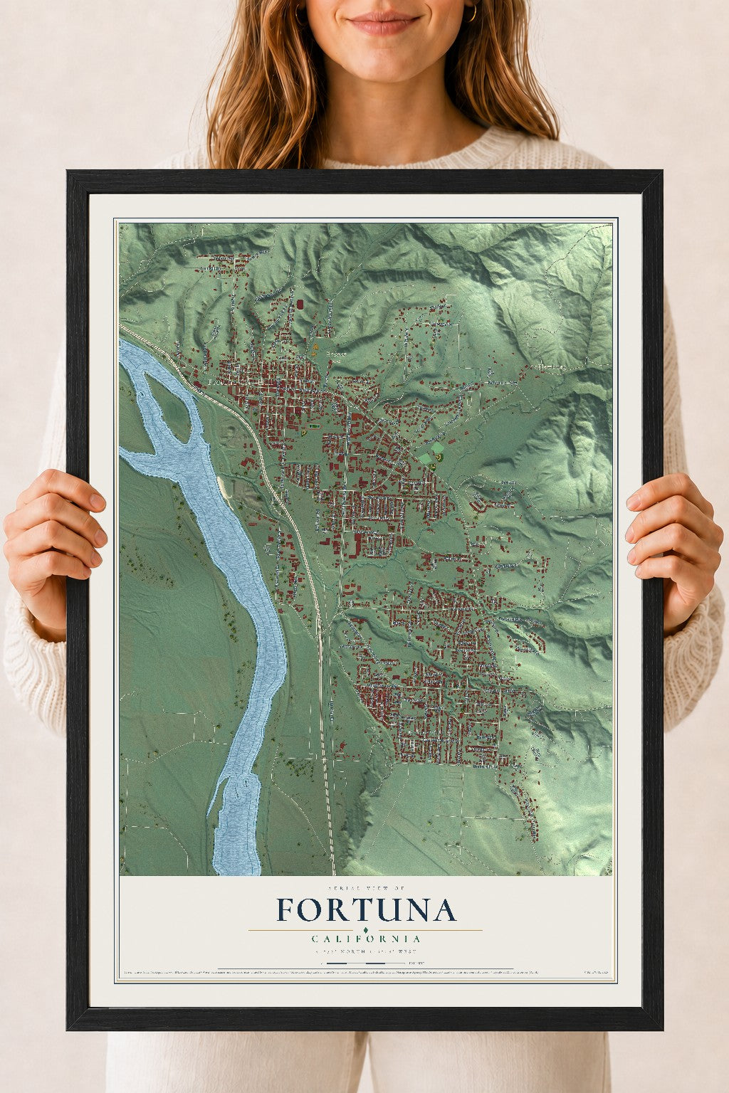 Map of Fortuna, California, 18 x 24 inch print in a black wood frame