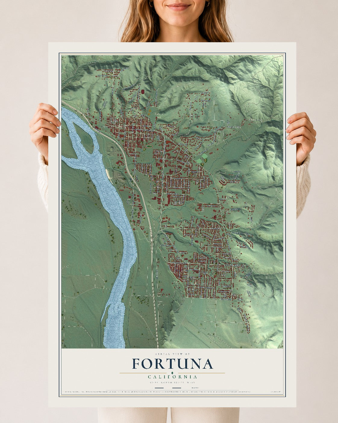 Map of Fortuna, California, 24 x 36 inch unframed archival matte print