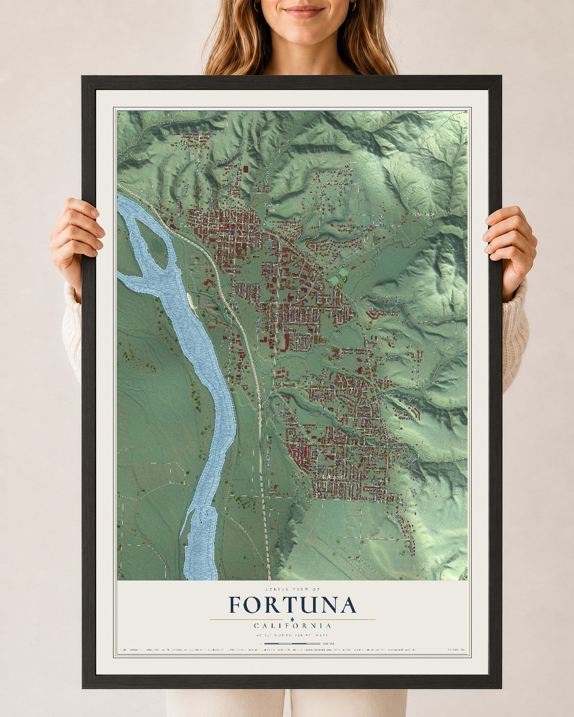 Map of Fortuna, California, 24 x 36 inch print in a black wood frame