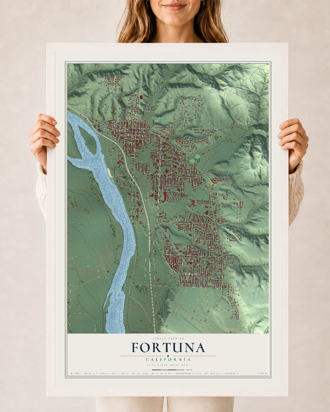 Map of Fortuna, California, 24 x 36 inch print in a white wood frame