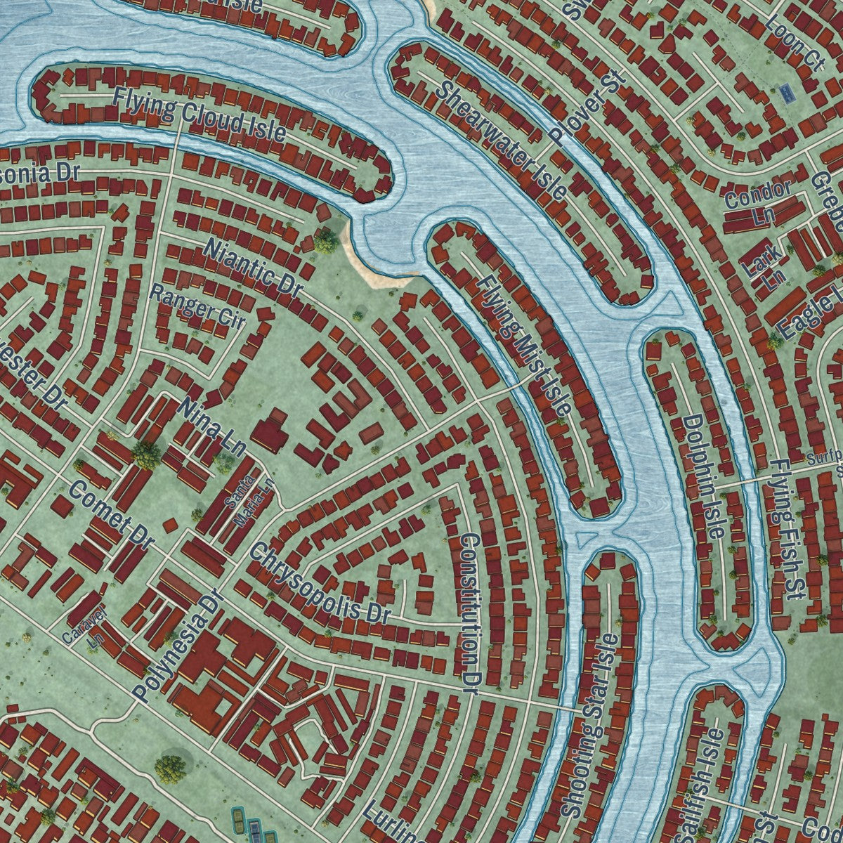 Close-up of the map of Foster City, California print showing street and building detail