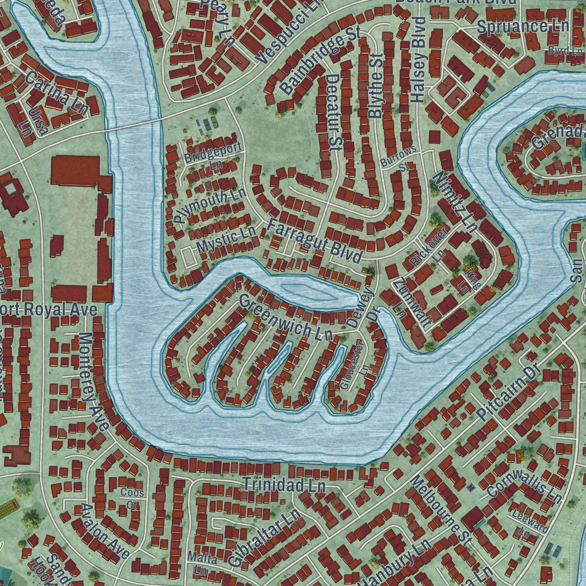 Second close-up of the map of Foster City, California print showing more streets and buildings