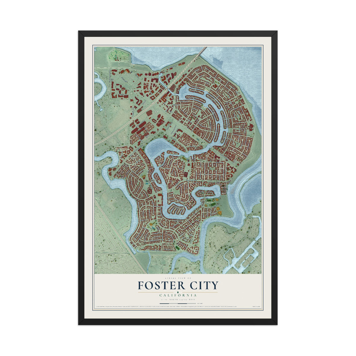 Map of Foster City, California, 12 x 18 inch print in a black wood frame