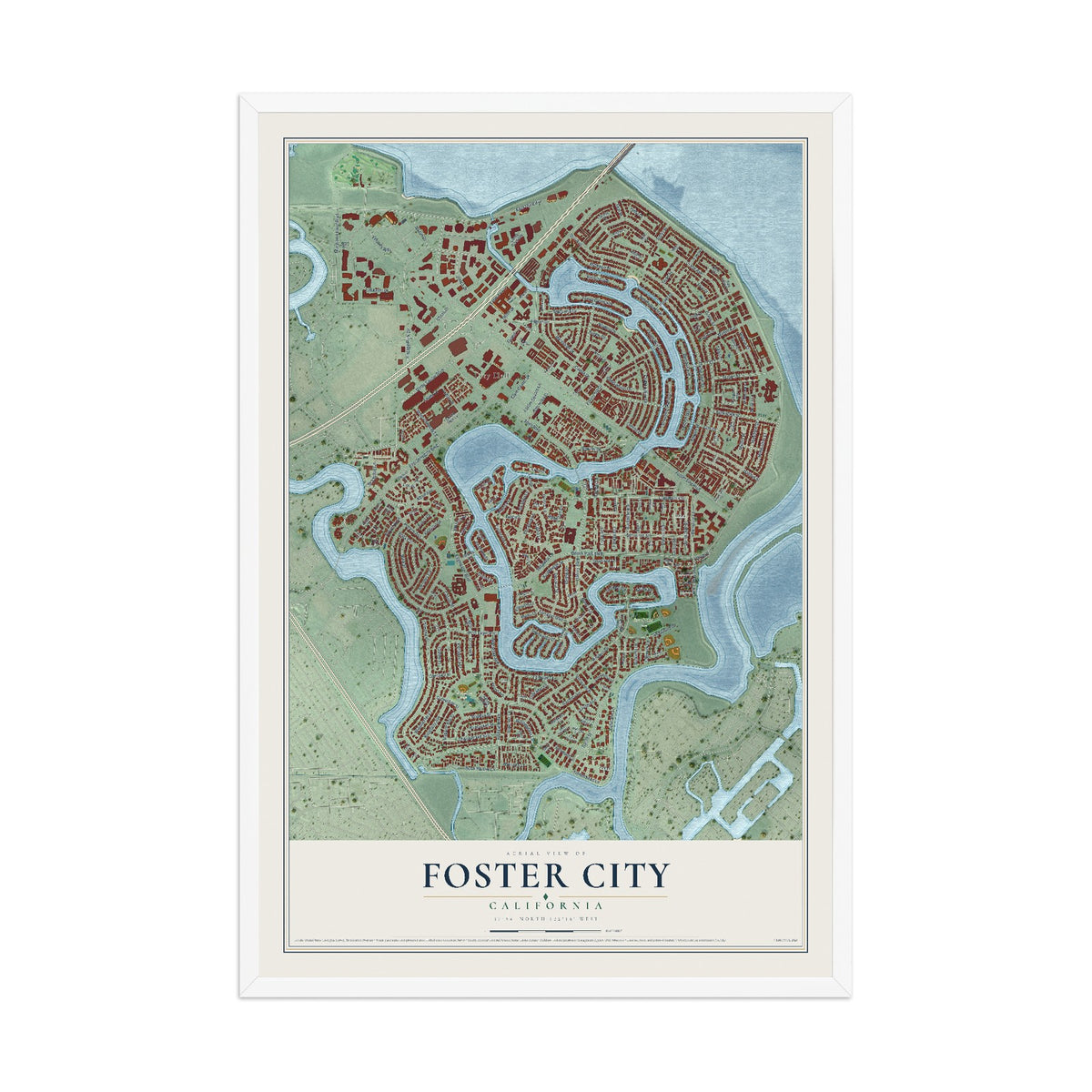 Map of Foster City, California, 12 x 18 inch print in a white wood frame