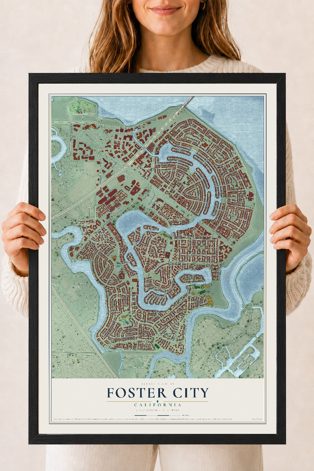Map of Foster City, California, 18 x 24 inch print in a black wood frame