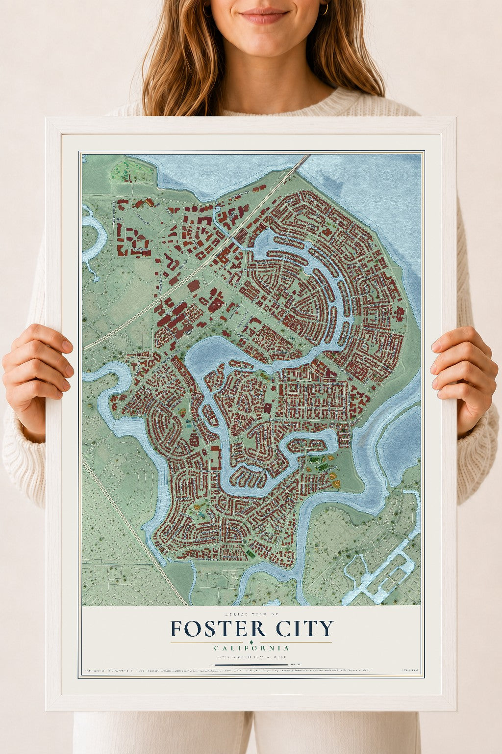 Map of Foster City, California, 18 x 24 inch print in a white wood frame