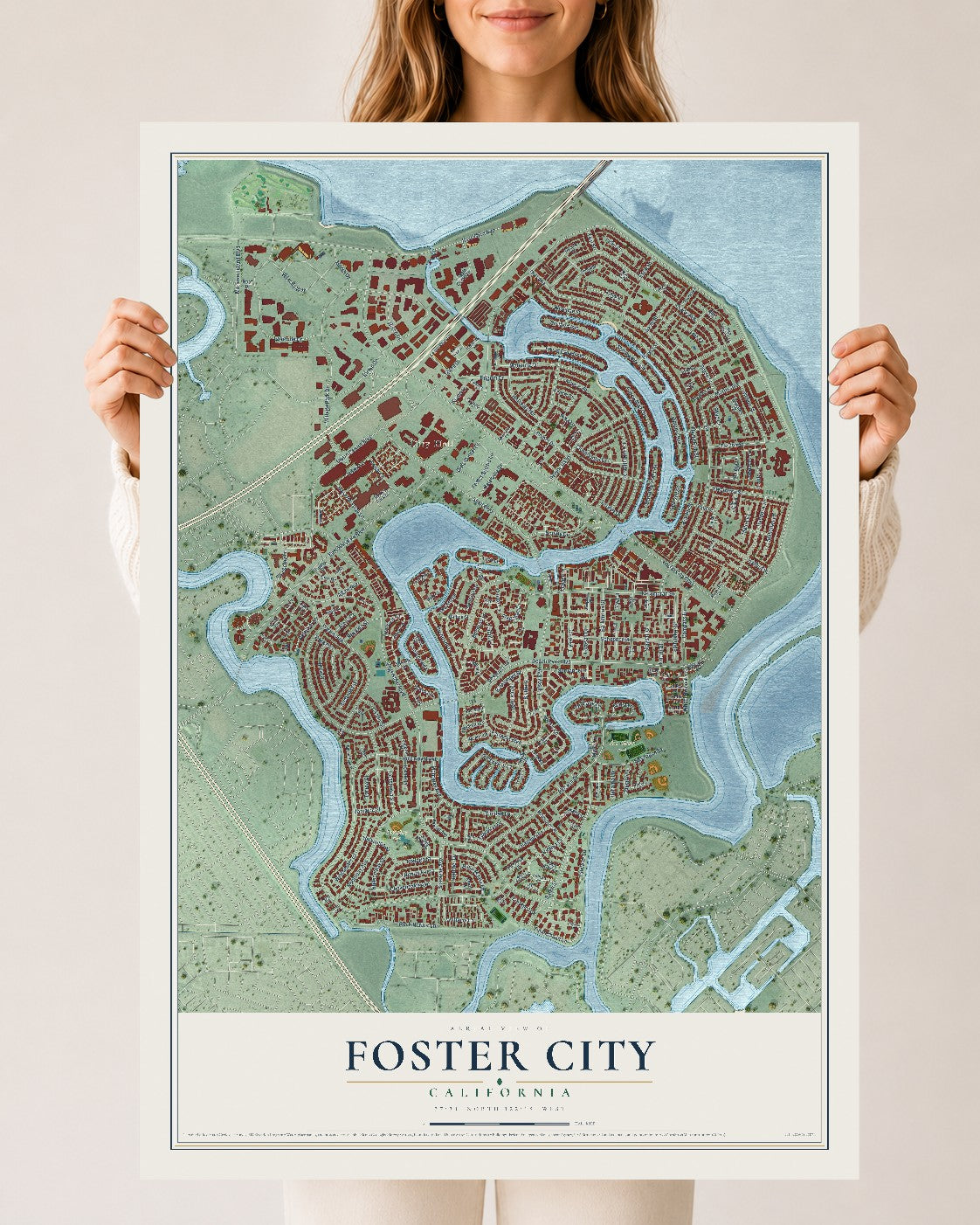 Map of Foster City, California, 24 x 36 inch unframed archival matte print