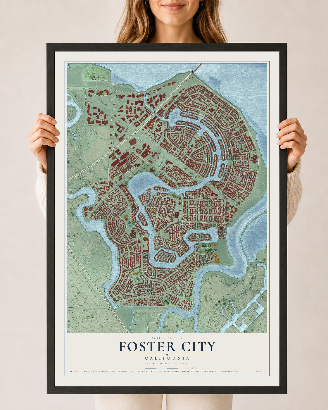 Map of Foster City, California, 24 x 36 inch print in a black wood frame