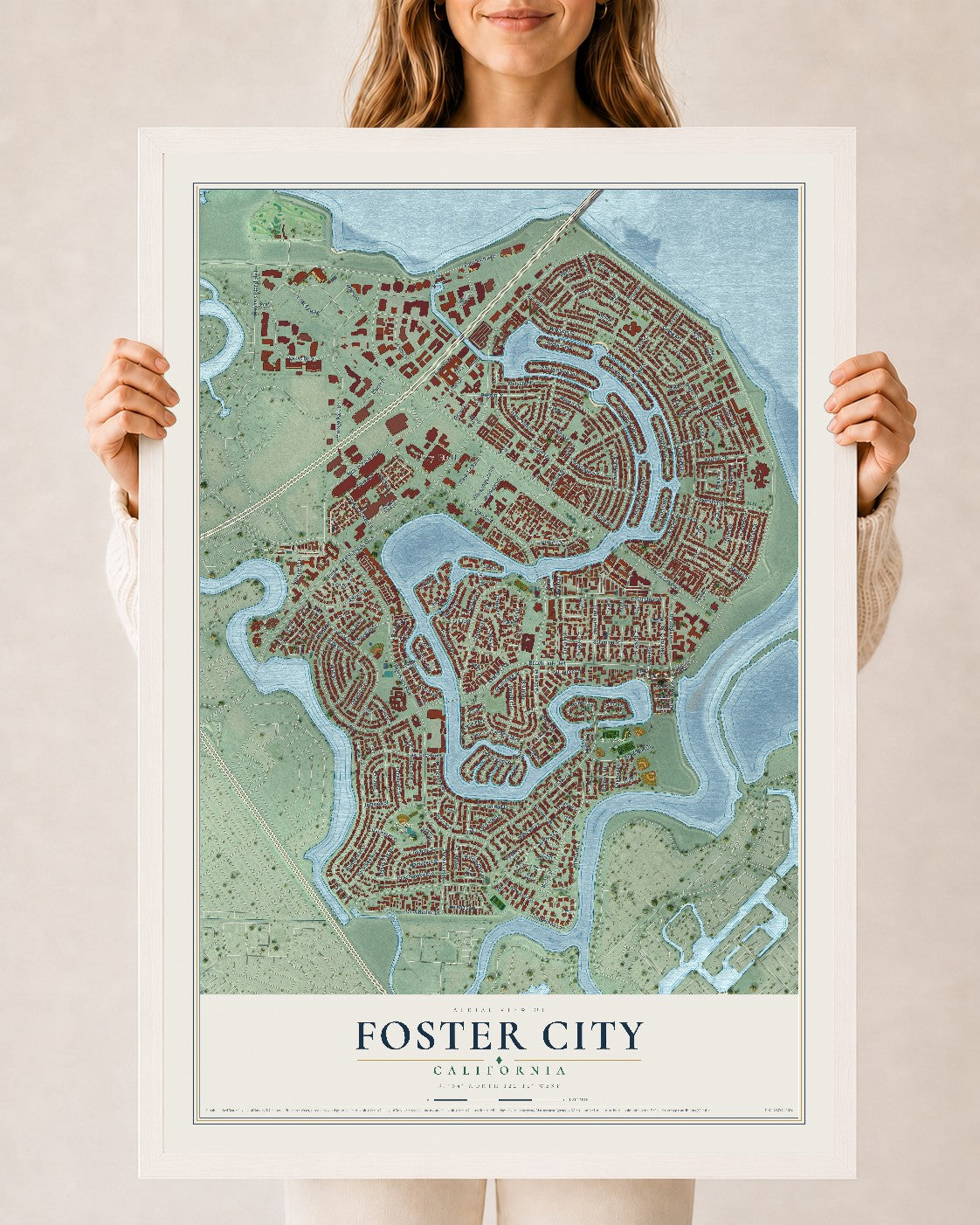 Map of Foster City, California, 24 x 36 inch print in a white wood frame