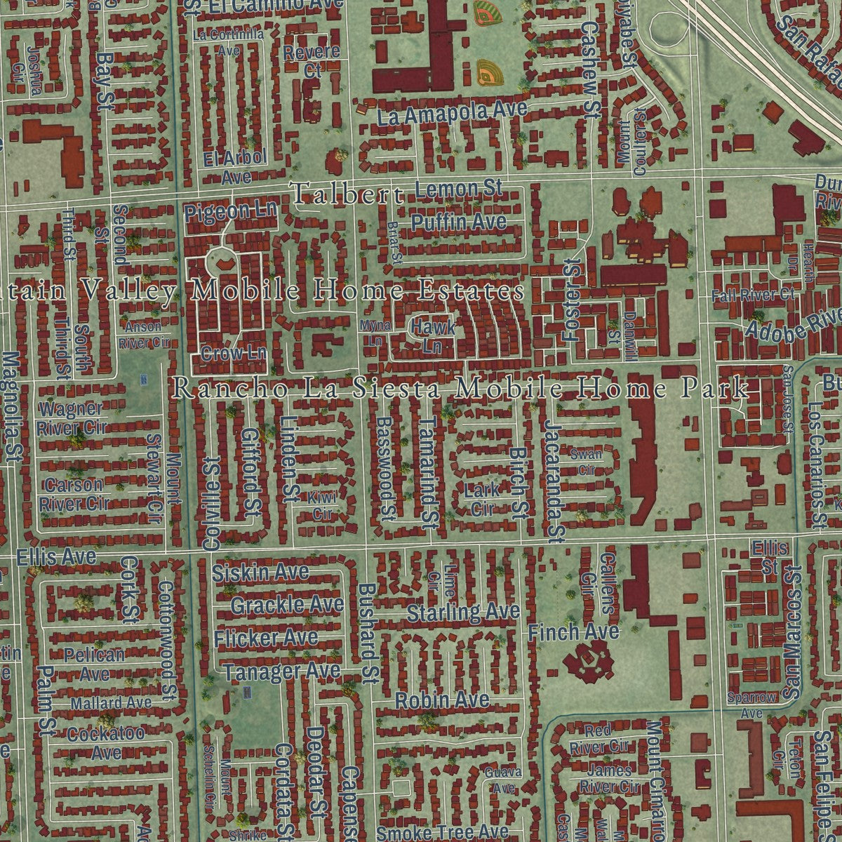 Close-up of the map of Fountain Valley, California print showing street and building detail