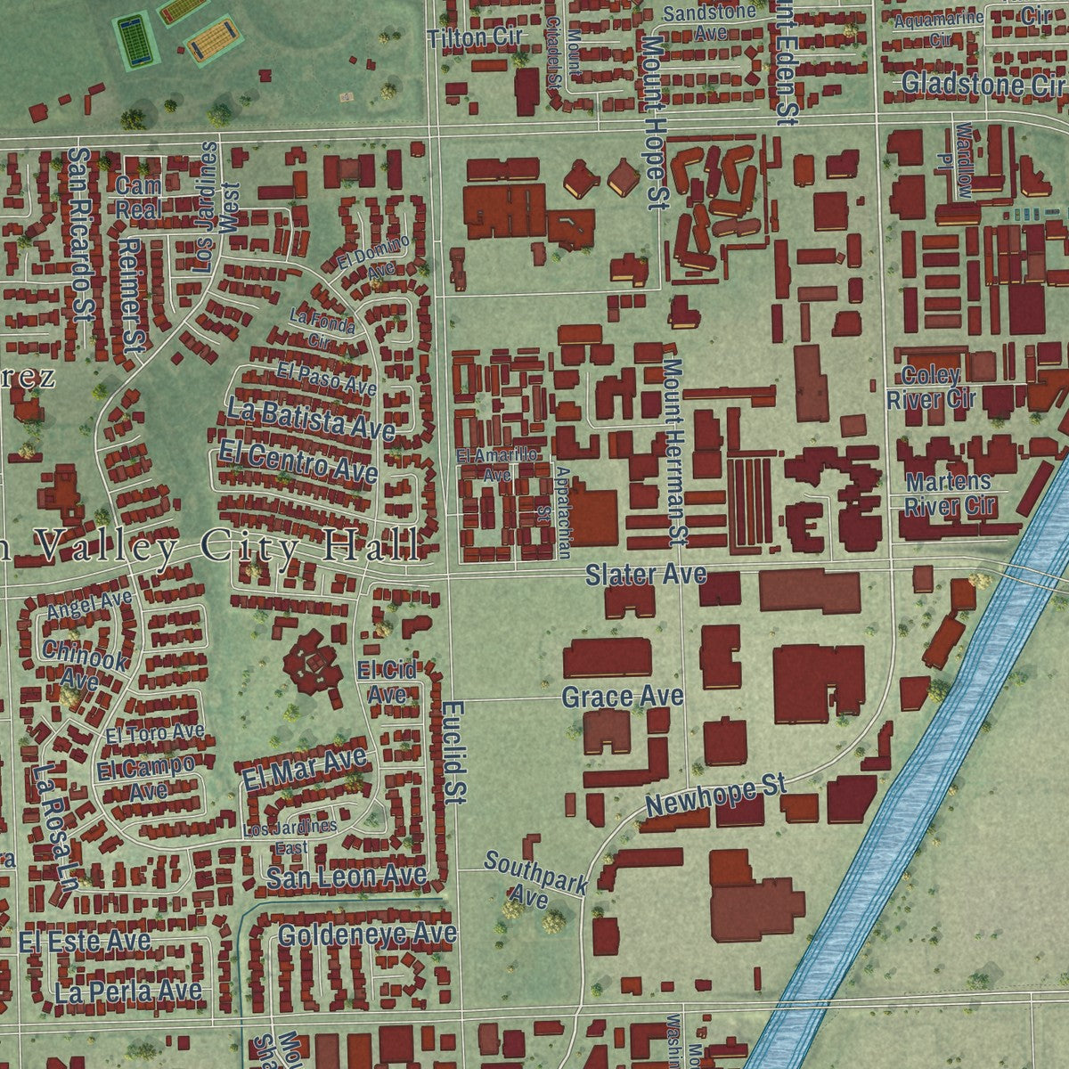 Second close-up of the map of Fountain Valley, California print showing more streets and buildings