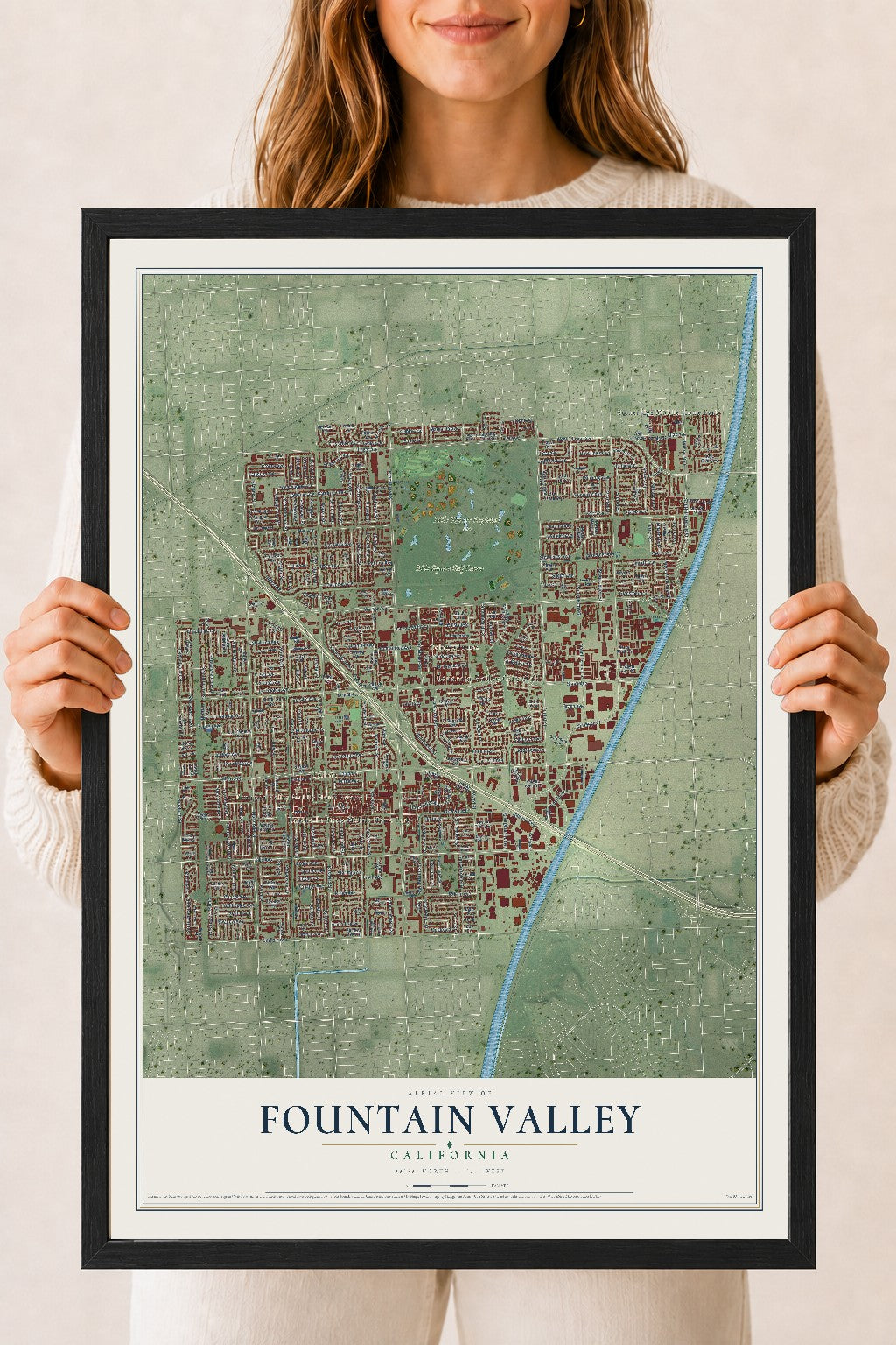 Map of Fountain Valley, California, 18 x 24 inch print in a black wood frame