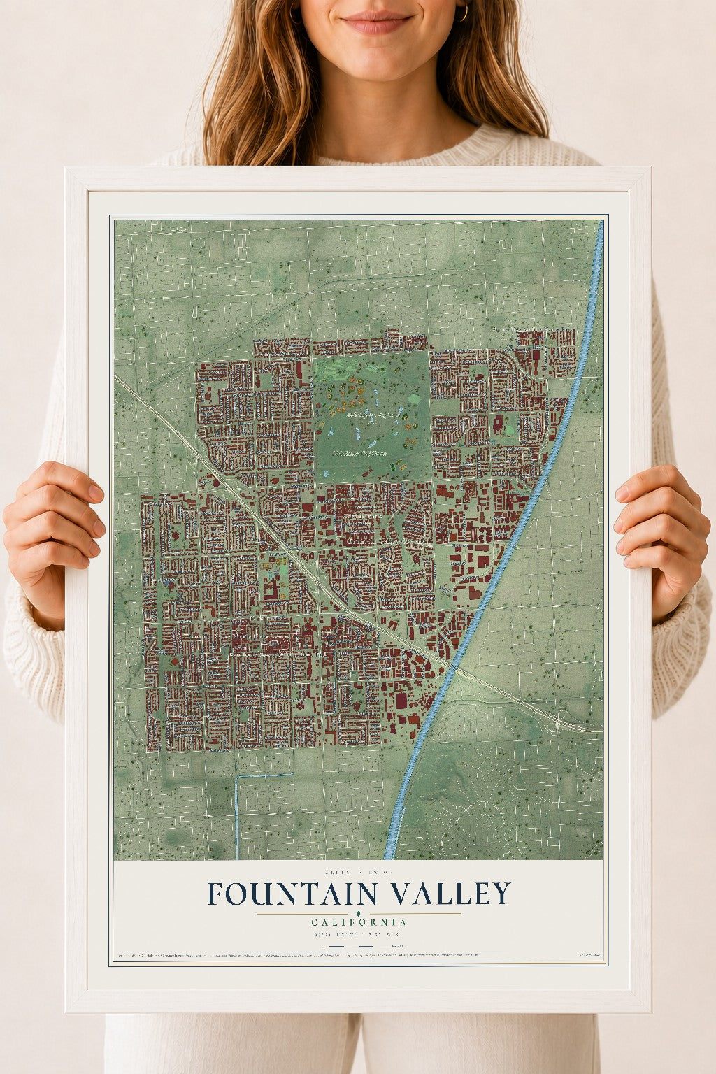 Map of Fountain Valley, California, 18 x 24 inch print in a white wood frame