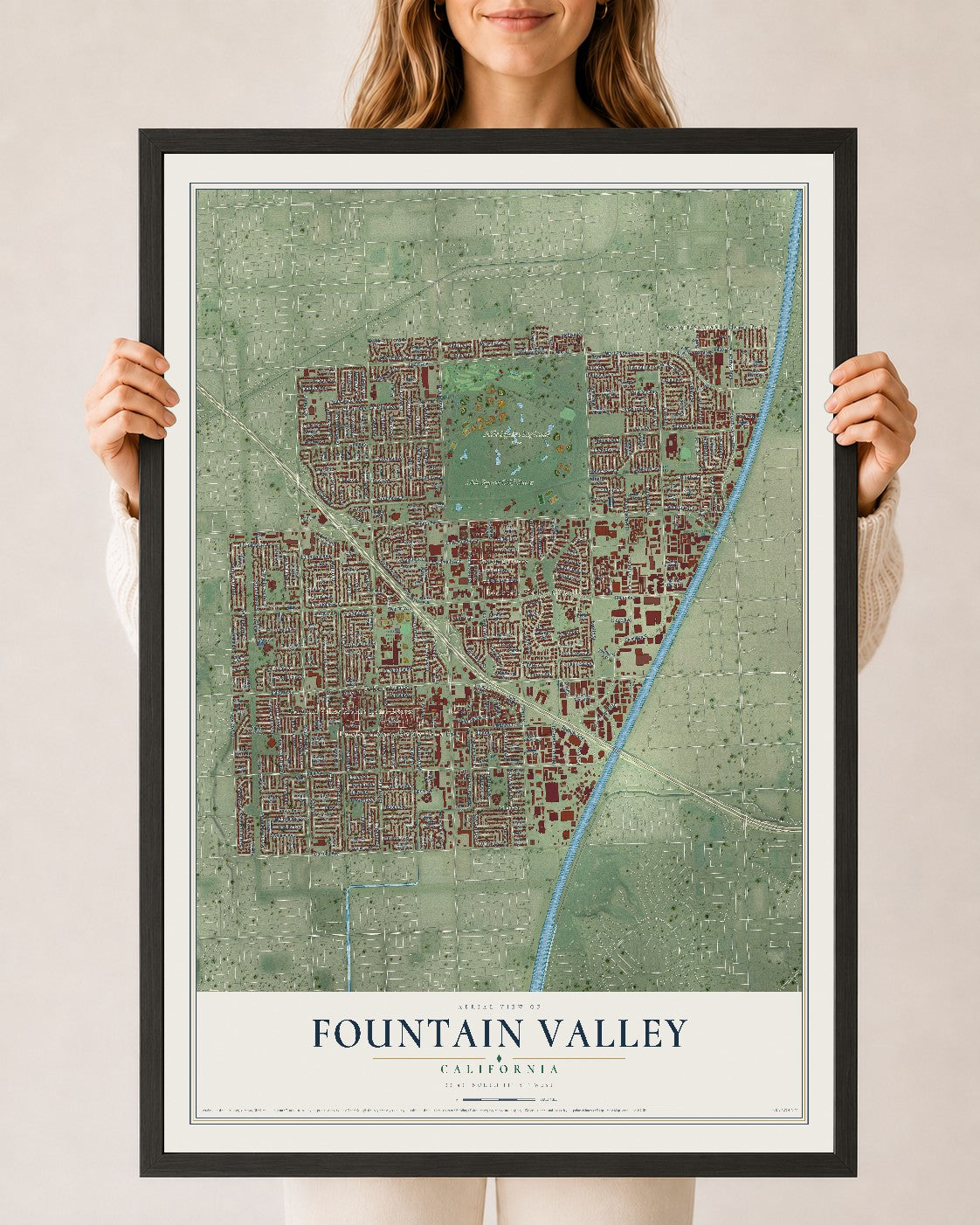 Map of Fountain Valley, California, 24 x 36 inch print in a black wood frame
