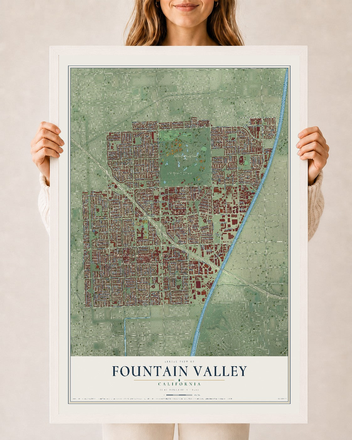 Map of Fountain Valley, California, 24 x 36 inch print in a white wood frame