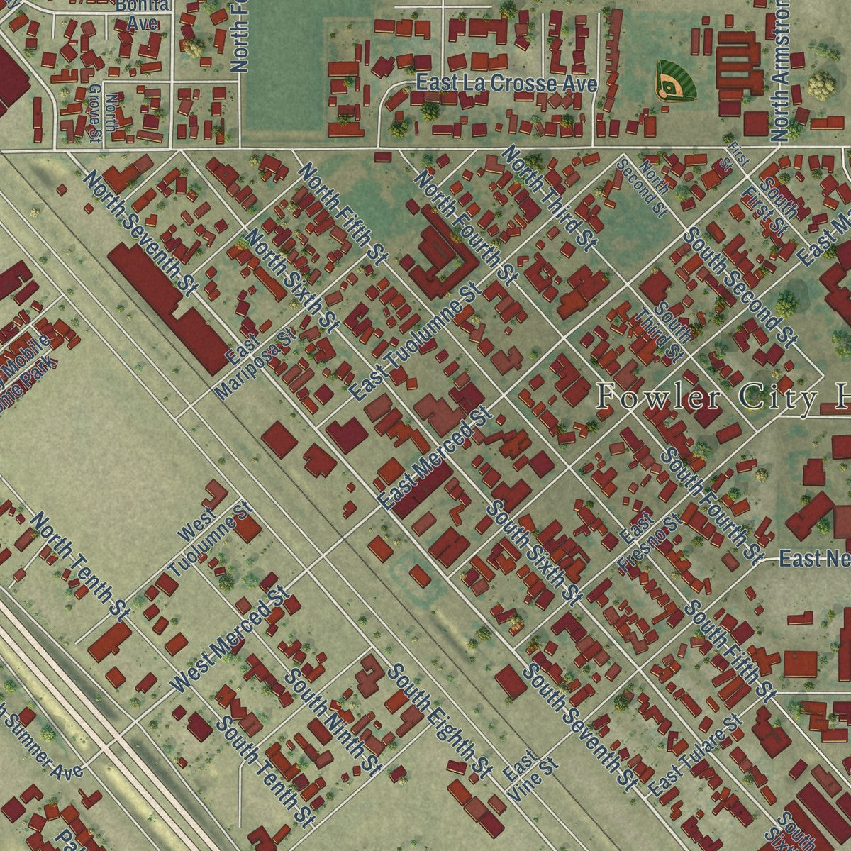 Close-up of the map of Fowler, California print showing street and building detail