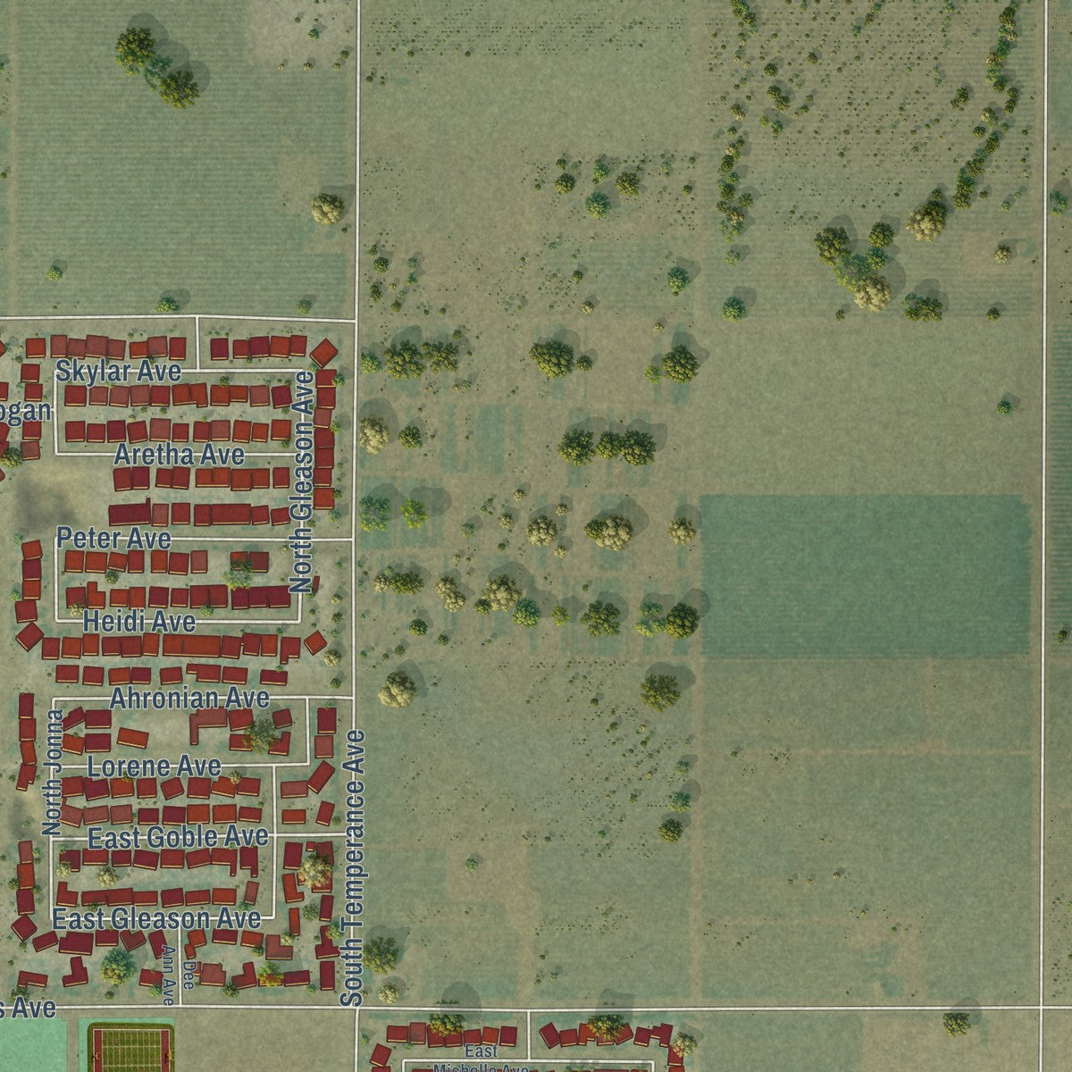 Second close-up of the map of Fowler, California print showing more streets and buildings