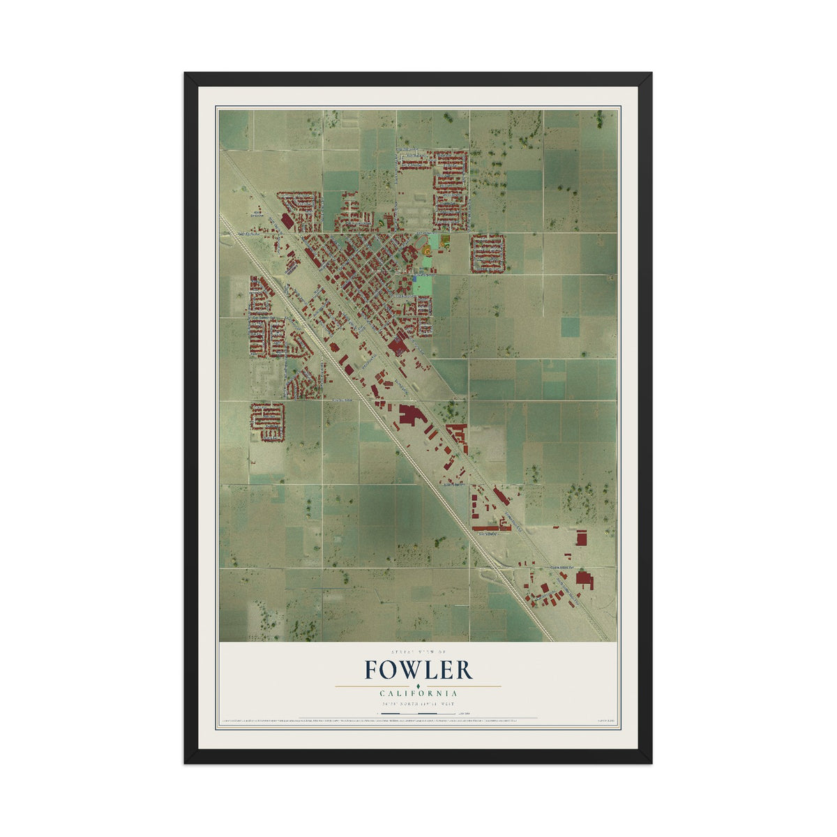 Map of Fowler, California, 12 x 18 inch print in a black wood frame