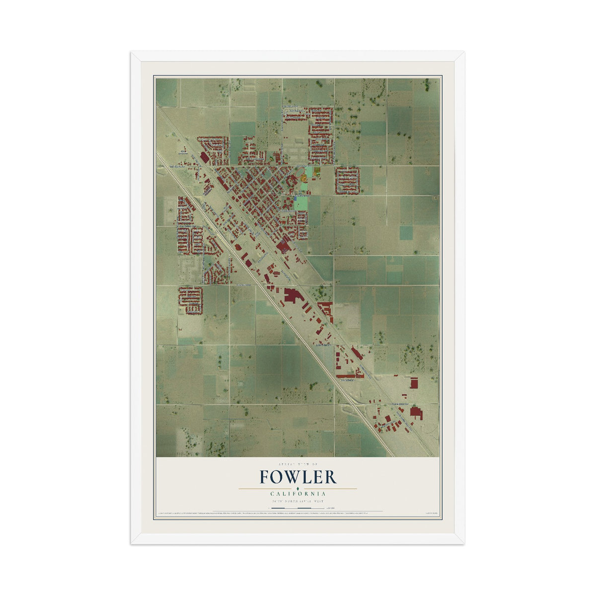 Map of Fowler, California, 12 x 18 inch print in a white wood frame
