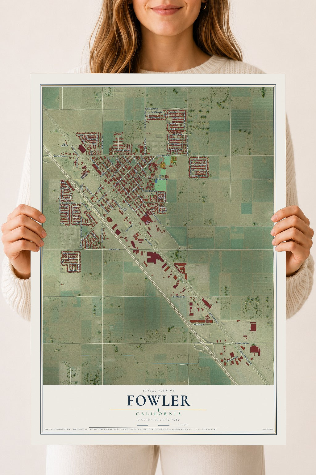 Map of Fowler, California, 18 x 24 inch unframed archival matte print